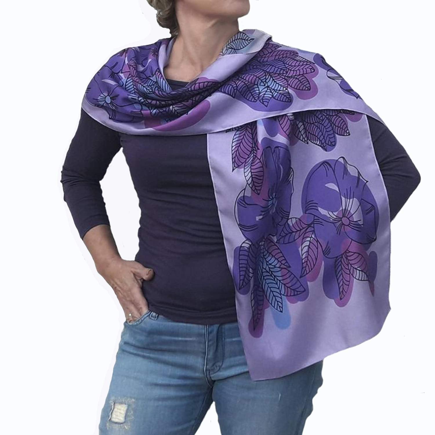 Artistic Hand Painted Long Silk Scarf for Women Fashion Boho Wrap Floral Patterns Trendy Purple Pink Neck Scarfs Unique Designer Shawl Womens Birthday Gift Mother Day Gift Handmade Gifts for Her Apparel & Accessories > Clothing Accessories > Scarves & Shawls Generic   