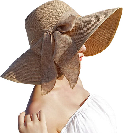 Lanzom Womens 5.5 Inches Big Bowknot Straw Hat Large Floppy Foldable Roll up Beach Cap Sun Hat UPF 50+ Apparel & Accessories > Clothing Accessories > Hats Lanzom Khaki One Size 