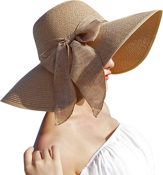Lanzom Womens 5.5 Inches Big Bowknot Straw Hat Large Floppy Foldable Roll up Beach Cap Sun Hat UPF 50+ Apparel & Accessories > Clothing Accessories > Hats Lanzom Khaki One Size 
