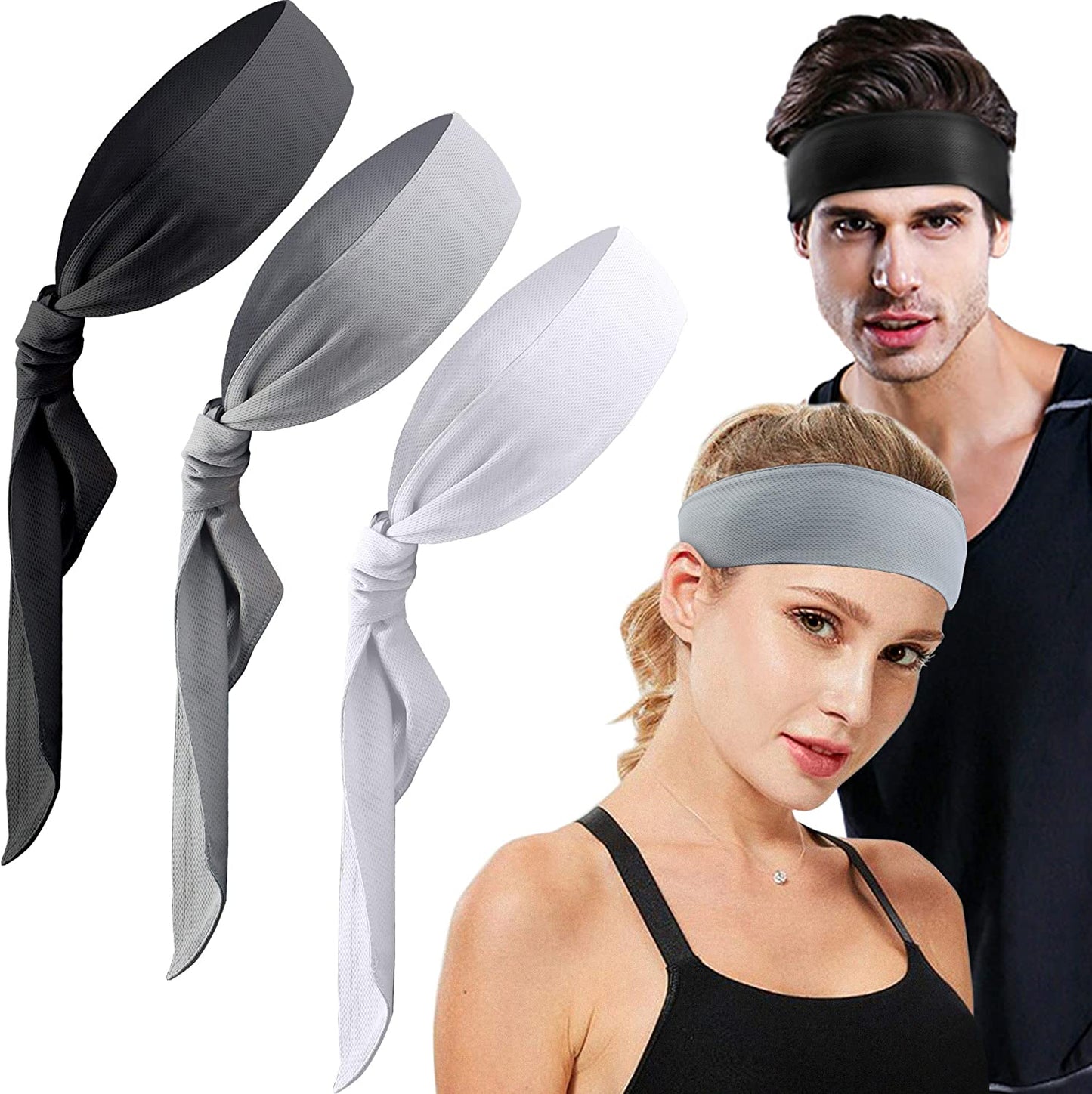 ELV Head Tie Sports Headband 3 Pack Dry Fit Sweatband for Running, Working Out, Crossfit, Yoga, Basketball,Tennis, Athletics and Pirates with Stretch, Moisture Wicking for Men Women Apparel & Accessories > Clothing Accessories > Bandanas & Headties E LV White/Black/Grey  