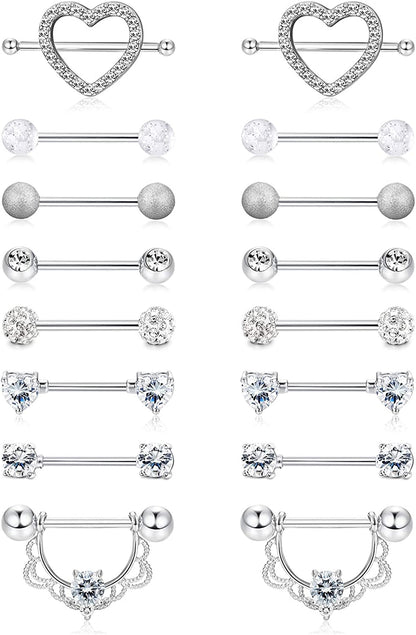 FINREZIO 6-8 Pairs 14G Nipple Rings 316L Surgical Steel Heart CZ Tongue Barbell Body Piercing Shield Ring Set 5/8 Inches Apparel & Accessories > Jewelry > Body Jewelry FINREZIO Silver tone  