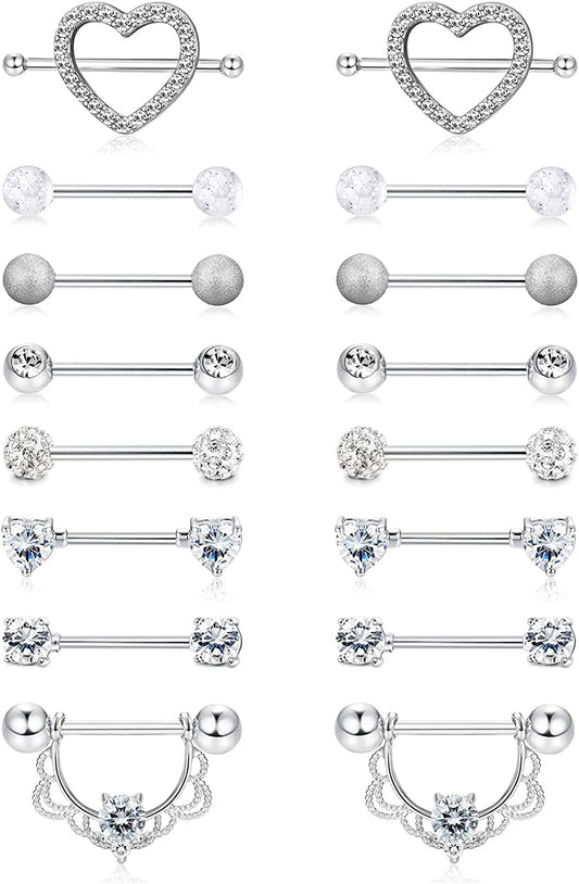 FINREZIO 6-8 Pairs 14G Nipple Rings 316L Surgical Steel Heart CZ Tongue Barbell Body Piercing Shield Ring Set 5/8 Inches Apparel & Accessories > Jewelry > Body Jewelry FINREZIO Silver tone  