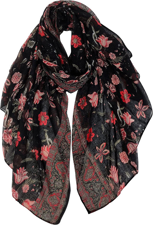 GERINLY Lightweight Scarves Fashion Flowers Print Women Cotton Wrap Scarf Head Shawl for Fall Apparel & Accessories > Clothing Accessories > Scarves & Shawls GERINLY Blackred  