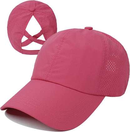 HGGE Womens Criss Cross Ponytail Baseball Cap Adjustable High Messy Bun Ponycap Quick Drying Hat Apparel & Accessories > Clothing Accessories > Hats HGGE Rose Red  