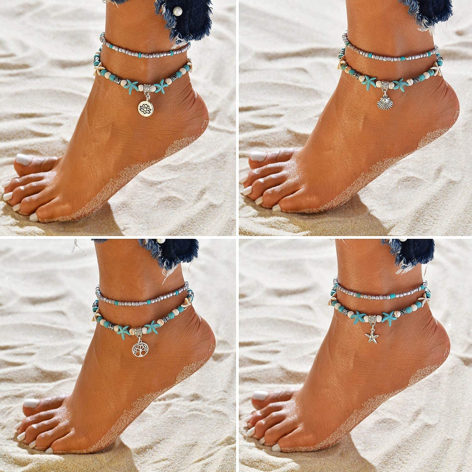 Suyi 5Pcs Layered Beach Anklets for Women Girls Adjustable Sea Turtle Anklets Bracelets Boho Anklet Foot Jewelry Apparel & Accessories > Jewelry > Anklets Suyi   