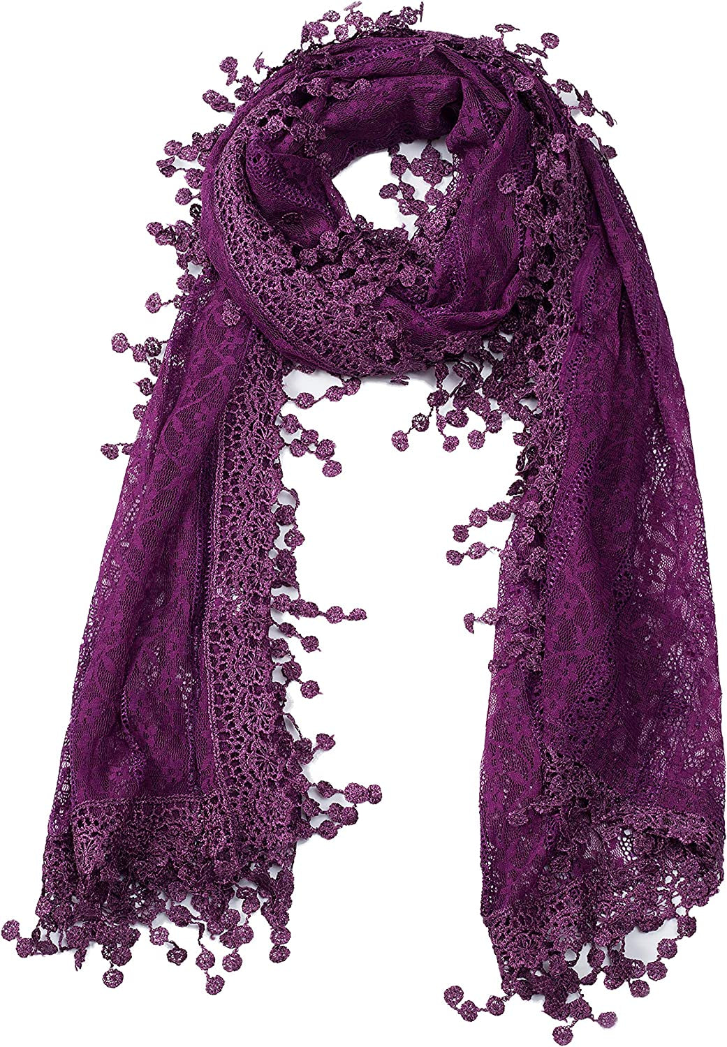 Women'S Lightweight Feminine Lace Teardrop Fringe Lace Scarf Vintage Scarf Mesh Crochet Tassel Cotton Scarf for Women Apparel & Accessories > Clothing Accessories > Scarves & Shawls Tan's American Purple With Fringes  