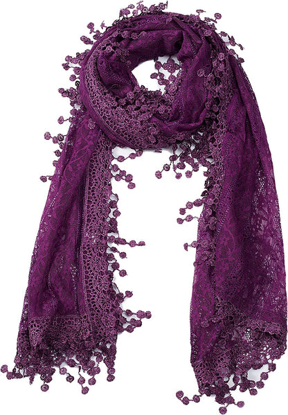 Women'S Lightweight Feminine Lace Teardrop Fringe Lace Scarf Vintage Scarf Mesh Crochet Tassel Cotton Scarf for Women Apparel & Accessories > Clothing Accessories > Scarves & Shawls Tan's American Purple With Fringes  