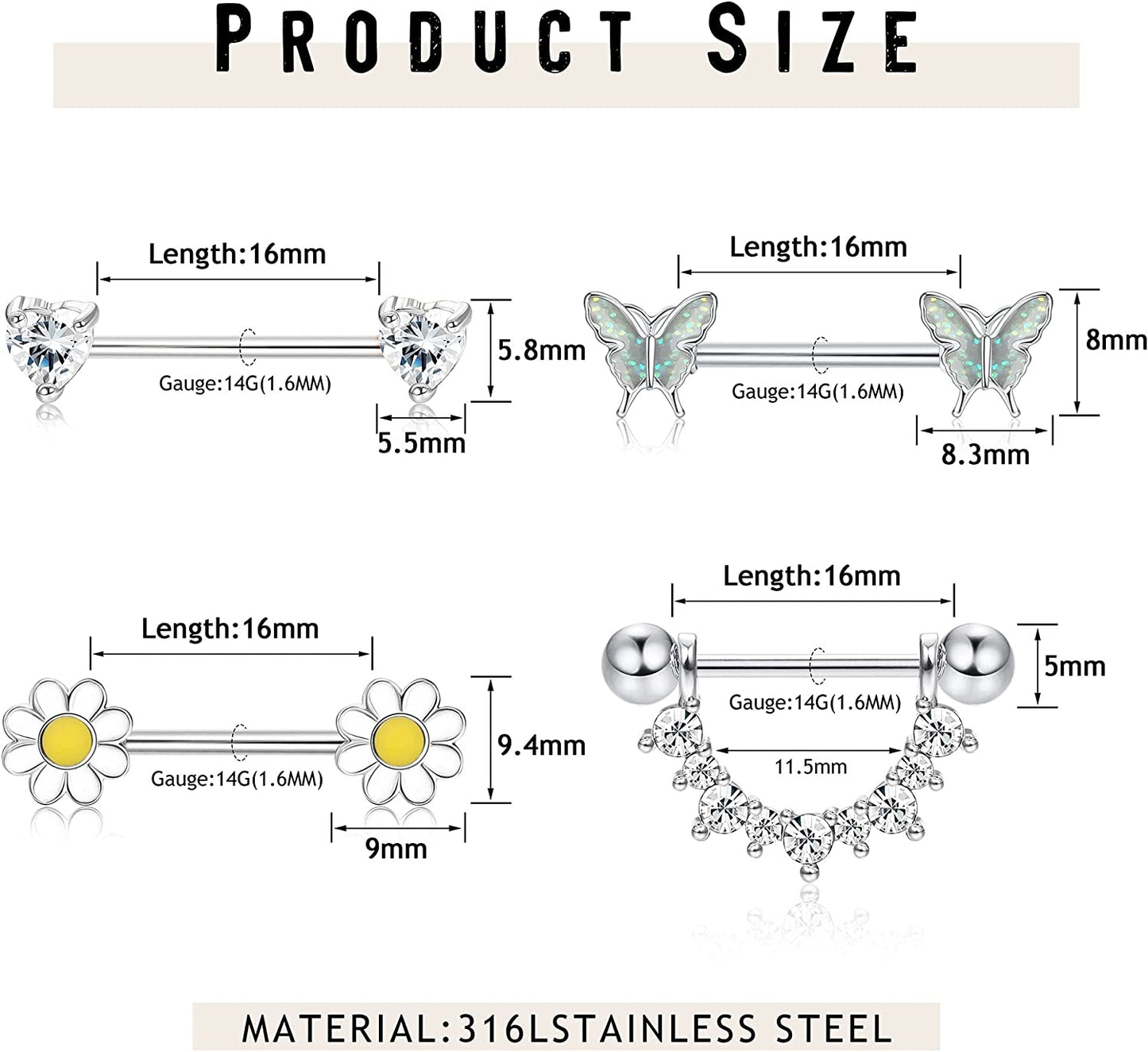 FINREZIO 4Pairs 14G Nipple Rings 316L Surgical Steel Flower Nipple Tongue Ring Barbell Piercing for Women Body Piercing Jewelry Apparel & Accessories > Jewelry > Body Jewelry FINREZIO   