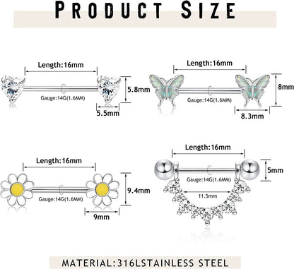 FINREZIO 4Pairs 14G Nipple Rings 316L Surgical Steel Flower Nipple Tongue Ring Barbell Piercing for Women Body Piercing Jewelry Apparel & Accessories > Jewelry > Body Jewelry FINREZIO   
