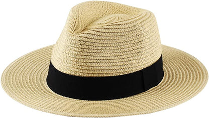 Panama Straw Hats for Women Summer Beach Sun Hat Wide Brim Fedora Cap UPF50+ Apparel & Accessories > Clothing Accessories > Hats KYLIE MAX B03-straw Yellow  