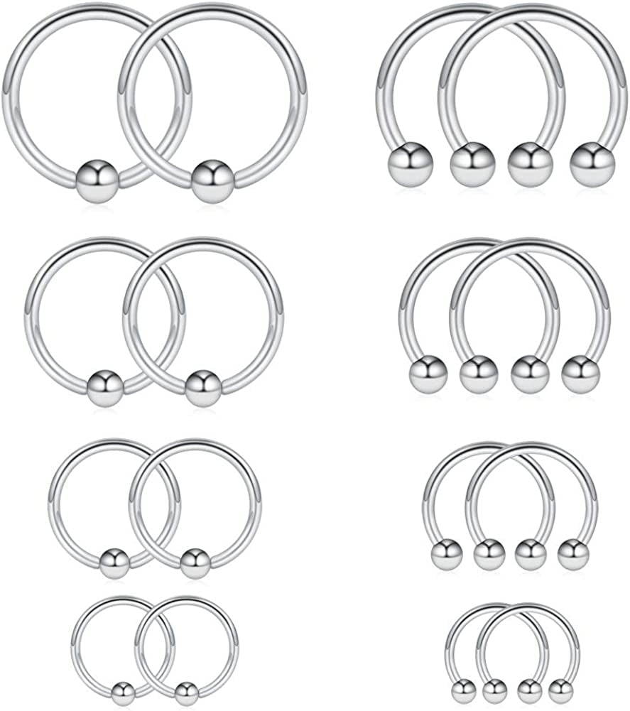 Ruifan 16-24PCS 16G Surgical Steel Horseshoe & Captive Bead Nose Hoop Septum Earring Eyebrow Tongue Lip Nipple Helix Tragus Piercing Jewelry Rings 6-16Mm Apparel & Accessories > Jewelry > Rings Ruifan 16PCS - Silver  