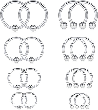 Ruifan 16-24PCS 16G Surgical Steel Horseshoe & Captive Bead Nose Hoop Septum Earring Eyebrow Tongue Lip Nipple Helix Tragus Piercing Jewelry Rings 6-16Mm Apparel & Accessories > Jewelry > Rings Ruifan 16PCS - Silver  
