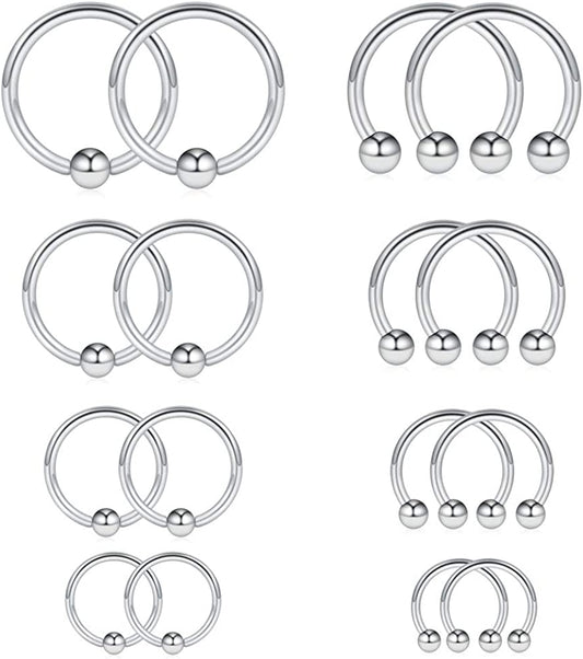Ruifan 16-24PCS 16G Surgical Steel Horseshoe & Captive Bead Nose Hoop Septum Earring Eyebrow Tongue Lip Nipple Helix Tragus Piercing Jewelry Rings 6-16Mm Apparel & Accessories > Jewelry > Rings Ruifan 16PCS - Silver  