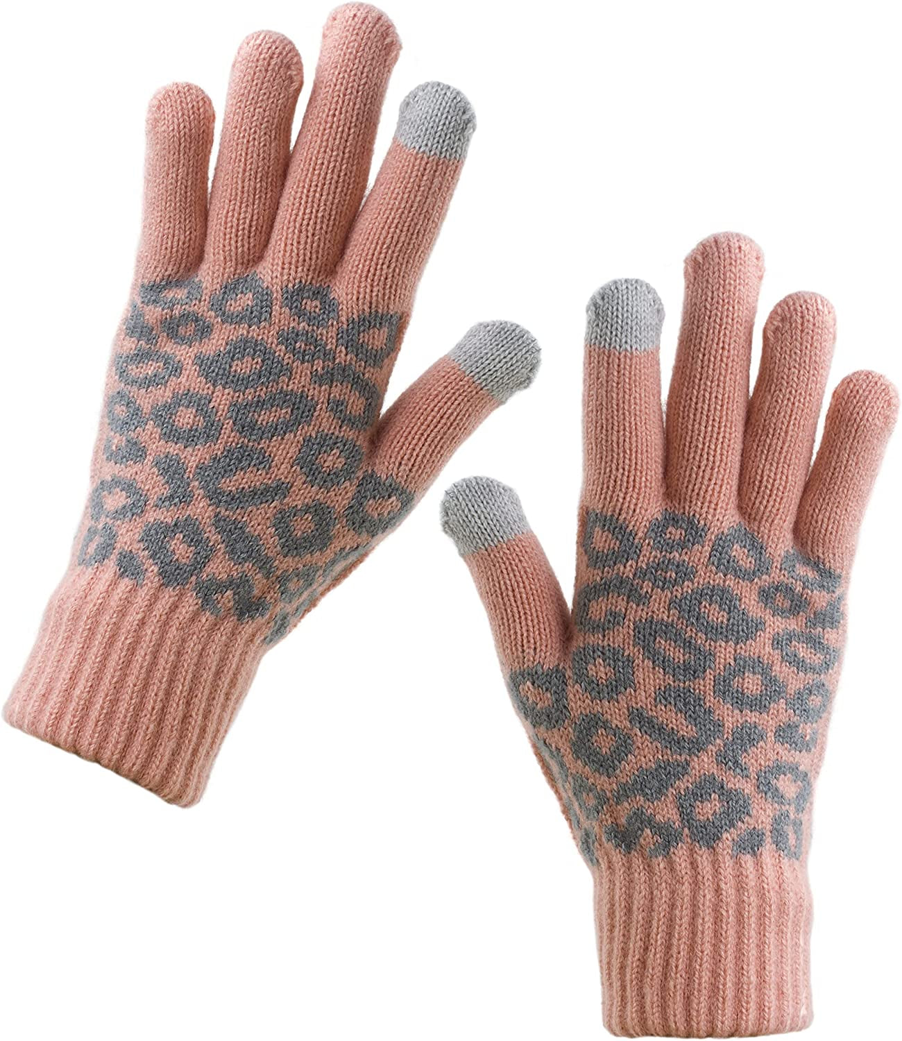 Women Winter Warm Touch Screen Gloves Knitted Soft Elastic Thick Gloves for Clod Weather Apparel & Accessories > Clothing Accessories > Gloves & Mittens Muryobao Leopard Pink  