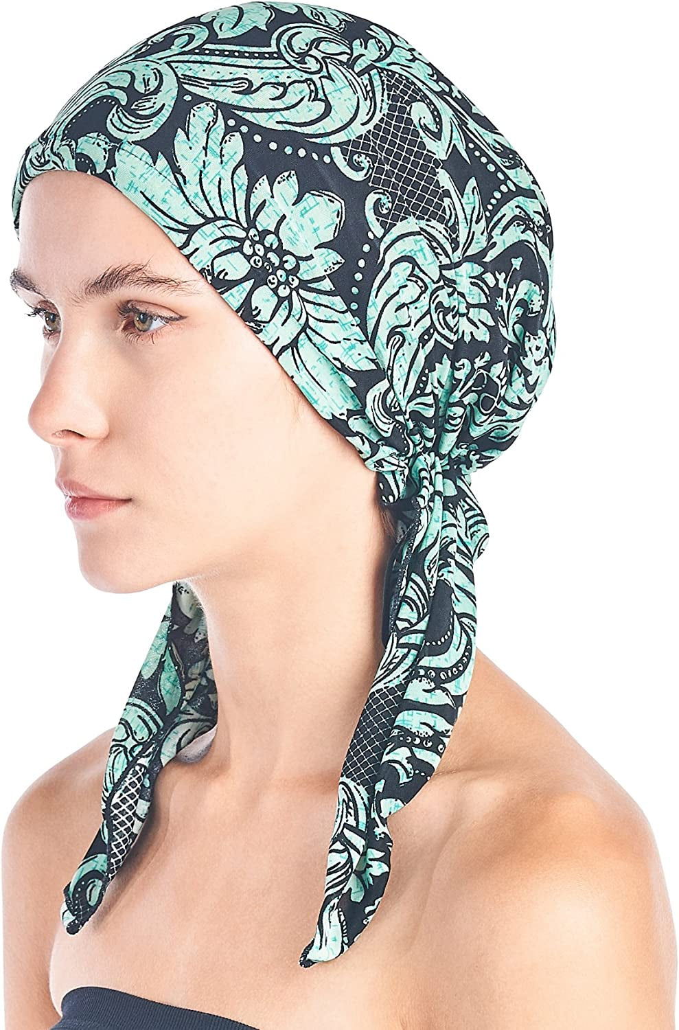 Ashford & Brooks Pre Tied Bandana Turban Chemo Head Scarf Sleep Hair Cover Hat Apparel & Accessories > Clothing Accessories > Bandanas & Headties Ashford & Brooks Black/Teal One Size 