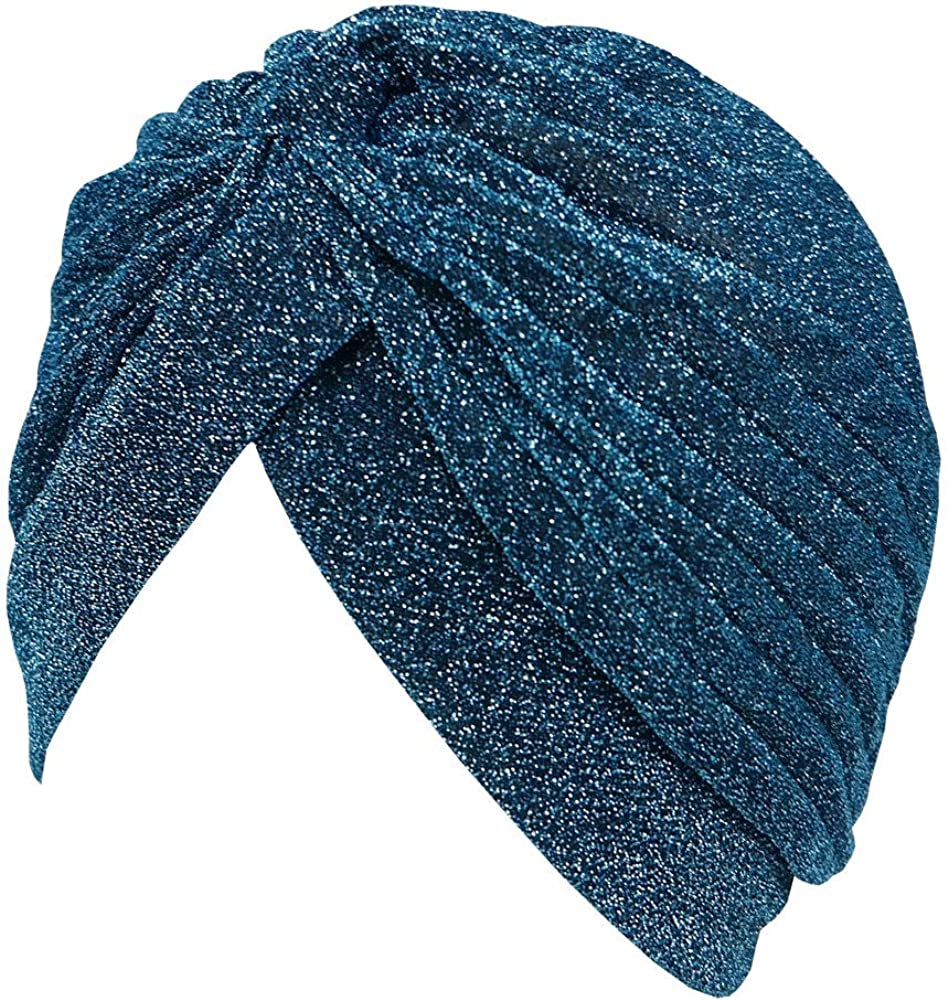 GETACOTA Pleated Glitter Turban for Women Stretchy Hat Beanie Headwrap Twist Elastic Slip on Cap Headwear Accessories Apparel & Accessories > Clothing Accessories > Headwear GETACOTA Blue  