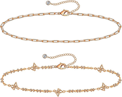 Gold Ankle Bracelets for Women 14K Gold Plated Anklet Silver Rose Gold Evil Eye Tennis Crystal Cubic Zirconia Faux Diamond Rhinestone Anklet Dainty Layered Anklet Set 3Pcs Apparel & Accessories > Jewelry > Anklets Vermeyen L-Rose Gold-Butterfly  