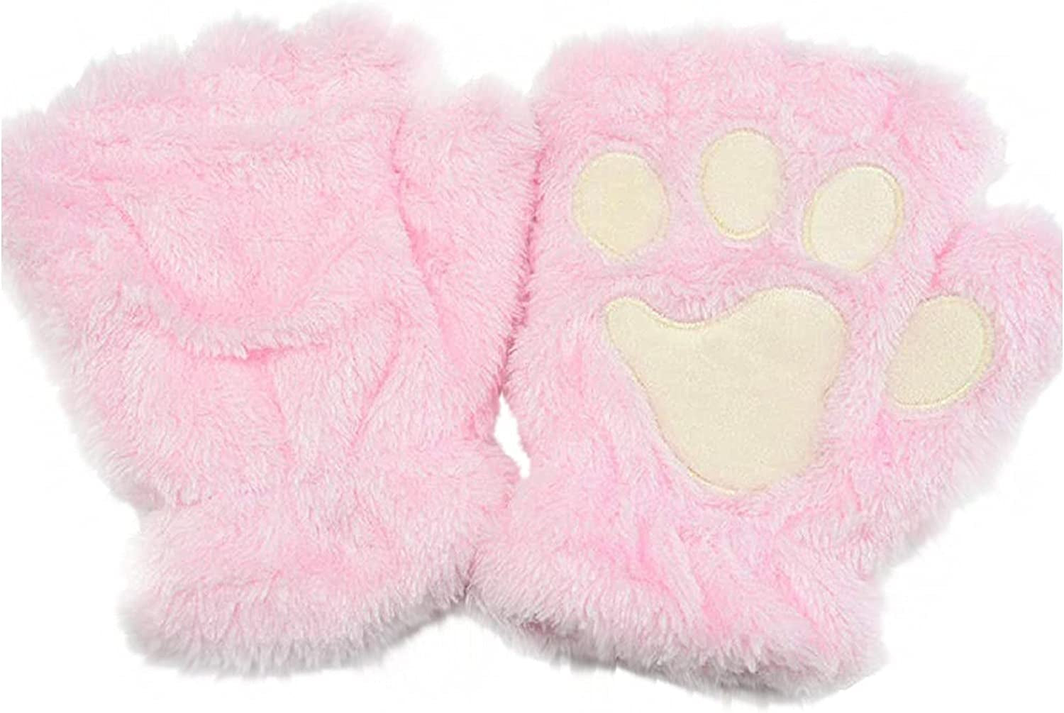 Cat Claw Bear Paw Fingerless Winter Plush Gloves 1Pair for Women Girls Fleece Plush Gloves Mittens Half Finger Gloves Cosplay Apparel & Accessories > Clothing Accessories > Gloves & Mittens JPLZi Pink One Size 