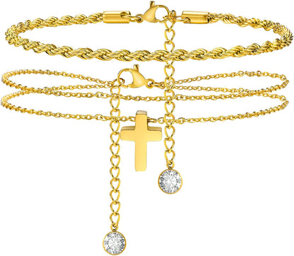 MEALGUET Women Gold Chain Anklet Bracelet : Stylish 18K Gold Plated Stainless Steel Minimalist Boho Style Layered Dainty Ankle Bracelet for Her, Summer Jewelry Gifts for Her Girl Apparel & Accessories > Jewelry > Anklets Mealguet Style D  