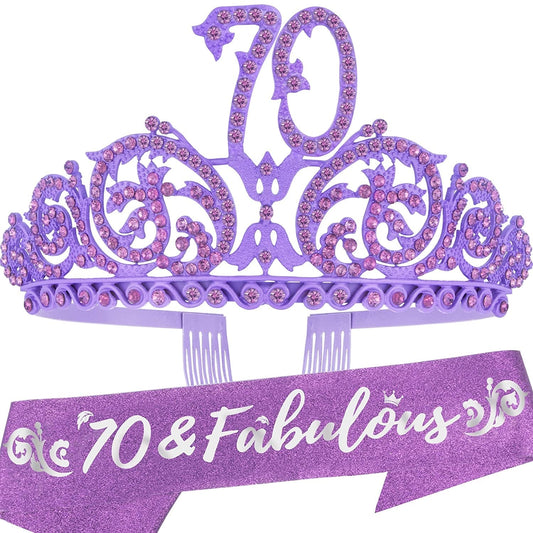70Th Birthday Sash and Tiara for Women - Fabulous Glitter Sash + Forest Rhinestone Purple Premium Metal Tiara for Her, 70Th Birthday Gifts for 70 Celebration Apparel & Accessories > Clothing Accessories > Sashes KYLIE MAX   