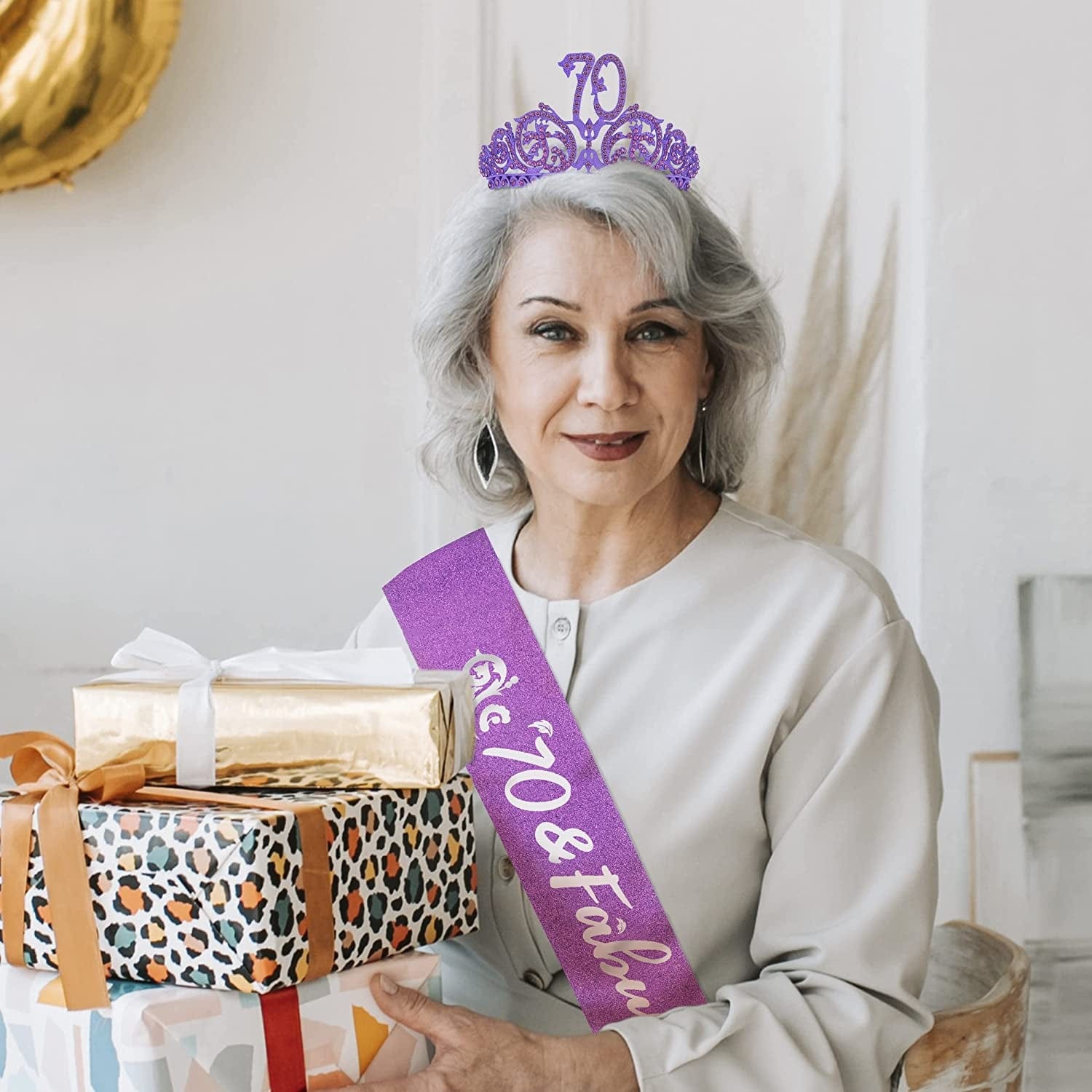 70Th Birthday Sash and Tiara for Women - Fabulous Glitter Sash + Forest Rhinestone Purple Premium Metal Tiara for Her, 70Th Birthday Gifts for 70 Celebration Apparel & Accessories > Clothing Accessories > Sashes KYLIE MAX   