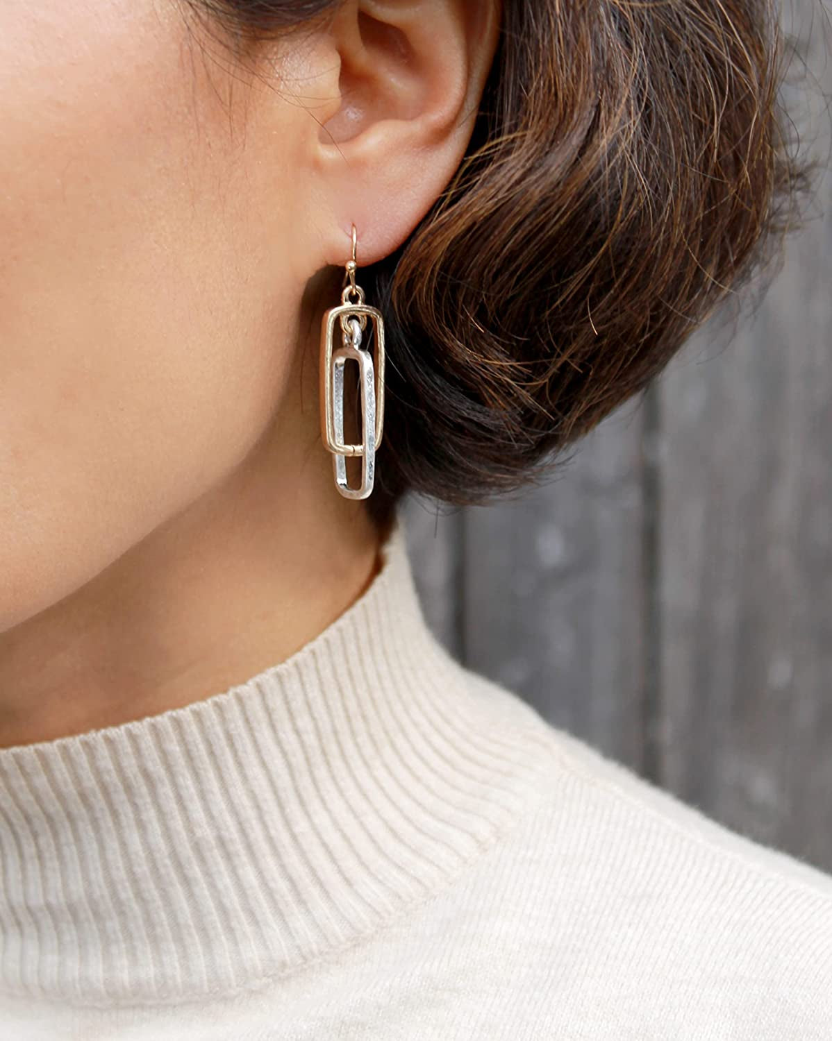 POMINA Lightweight Geometric Gold Silver Two Tone Hammered Dangle Drop Earrings Linked Circle Rectangle Oval Trendy Fashion Dangling Earrings for Women Apparel & Accessories > Jewelry > Earrings POMINA   