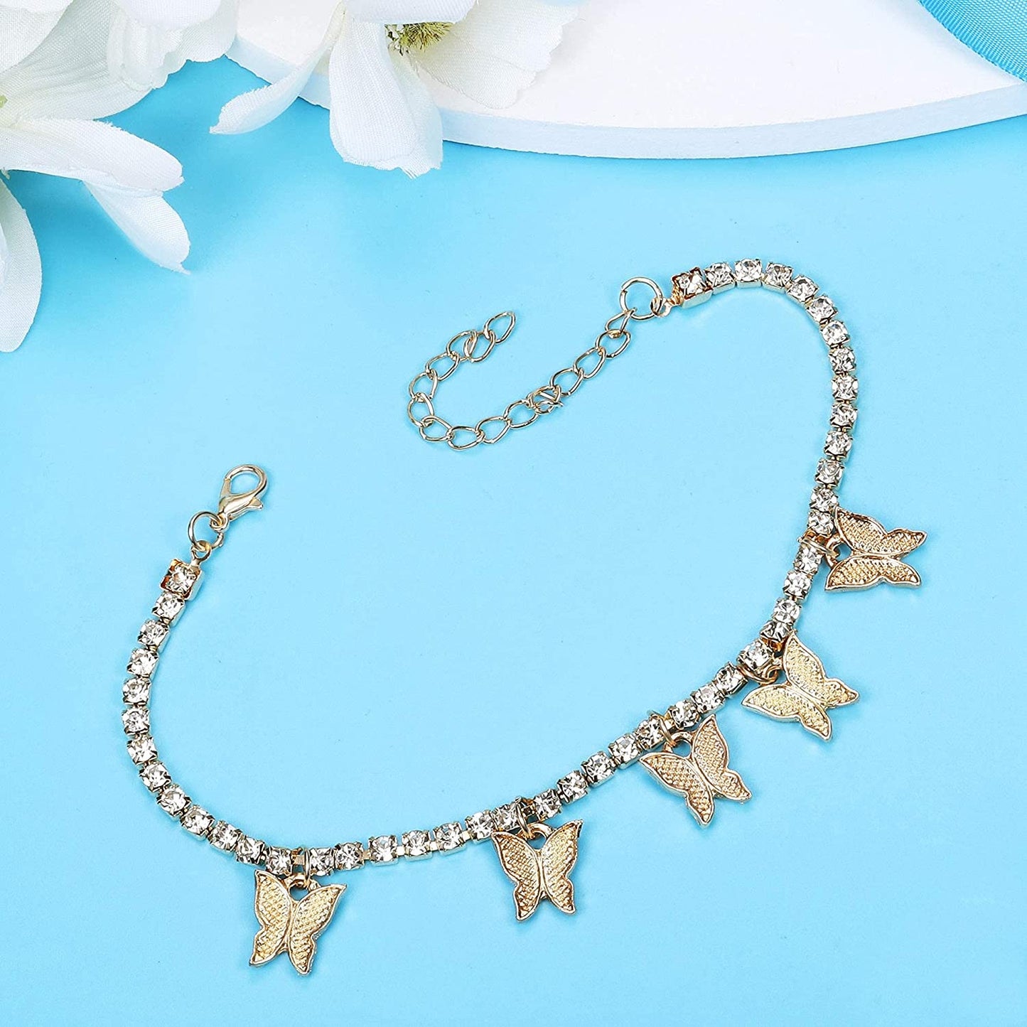 FINREZIO 3PCS Butterfly Anklet Bracelet for Women Summer Beach Cute Foot Jewelry Cuban Link Rhinestone Crystal Tennis Anklets Set Adjustable Apparel & Accessories > Jewelry > Anklets FINREZIO   
