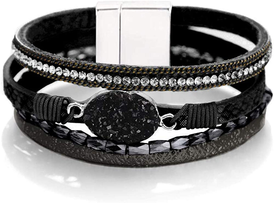 Fesciory Leopard Bracelet for Women Wrap Multi-Layer Leather Bracelet Magnetic Clasp Cuff Bangle Jewelry Apparel & Accessories > Jewelry > Bracelets Fesciory B21-Black Stone(Short)  