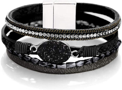 Fesciory Leopard Bracelet for Women Wrap Multi-Layer Leather Bracelet Magnetic Clasp Cuff Bangle Jewelry Apparel & Accessories > Jewelry > Bracelets Fesciory B21-Black Stone(Short)  