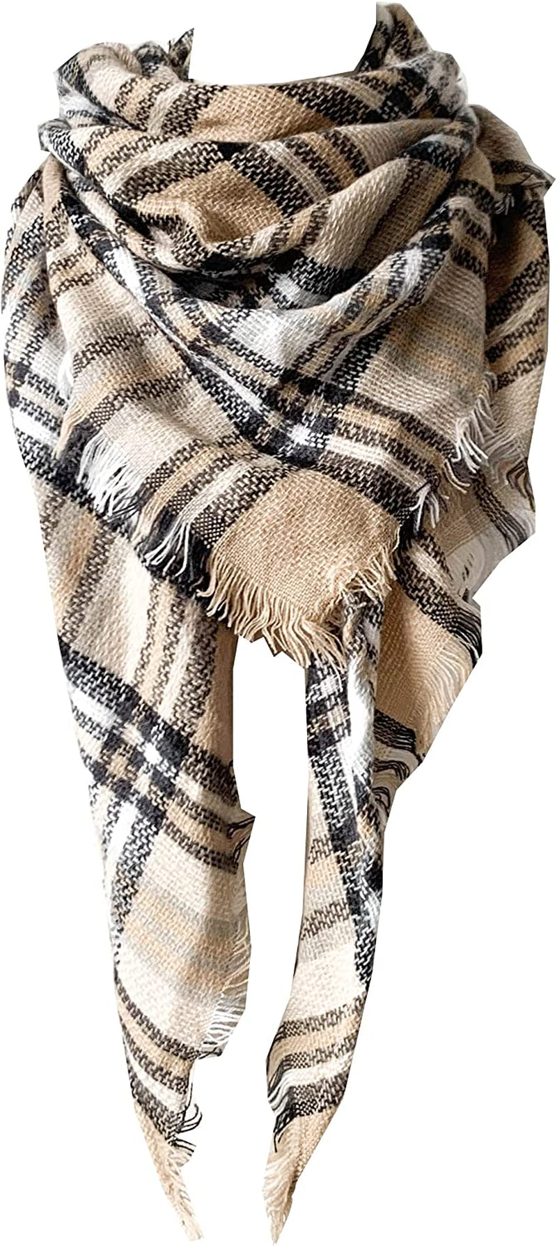 Wander Agio Womens Warm Long Shawl Winter Wraps Large Scarves Knit Cashmere Feel Plaid Triangle Scarf Apparel & Accessories > Clothing Accessories > Scarves & Shawls Wander Agio Plaid White Camel 33  