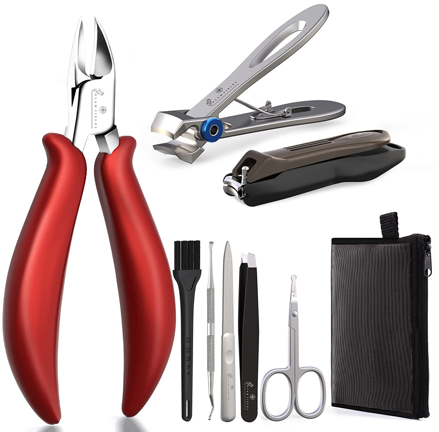 GLAMFIELDS Large Nail Clipper Set (8Pcs), Toe Nail Clippers for Thick Nails for Seniors, Ingrown Toenail, Paronychia, Big Toenail Clippers with Easy Grip Rubber Handle for Podiatrist/Adult /Men/ Women Health & Beauty > Personal Care > Cosmetics > Cosmetic Tools > Nail Tools GLAMFIELDS Red-8 in 1  