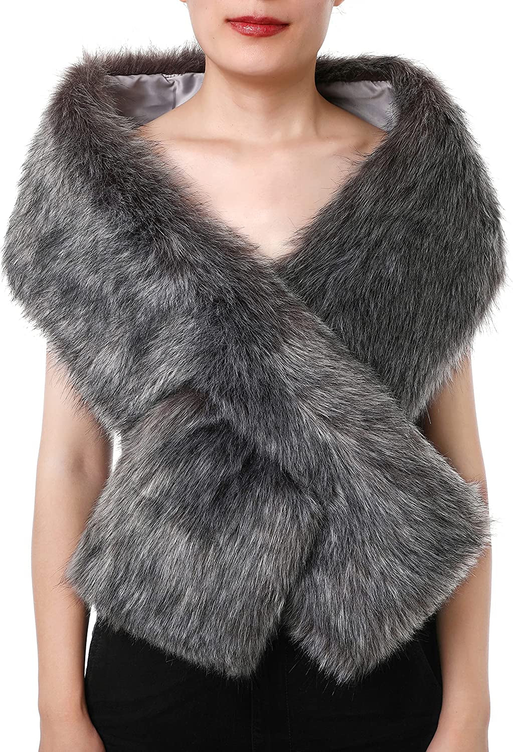 Dikoaina Women'S Winter Fake Faux Fur Scarf Wrap Collar Shawl Shrug Apparel & Accessories > Clothing Accessories > Scarves & Shawls Dikoaina Silver Grey 48"/125cm 