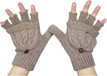 UEETEK Women Winter Warm Wool Knitted Convertible Fingerless Gloves with Mitten Cover (Brown) Apparel & Accessories > Clothing Accessories > Gloves & Mittens UEETEK Brown  