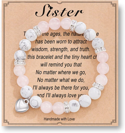 HGDEER Natural Stone Sister Bracelet, Sister Meaningful Gifts for Women Girls with Gift Message Card Apparel & Accessories > Jewelry > Bracelets HGDEER Sister - Pink&White  