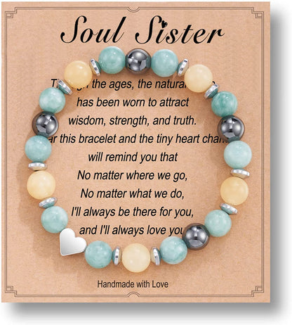 HGDEER Natural Stone Sister Bracelet, Sister Meaningful Gifts for Women Girls with Gift Message Card Apparel & Accessories > Jewelry > Bracelets HGDEER Soul Sister - Green&Yellow  