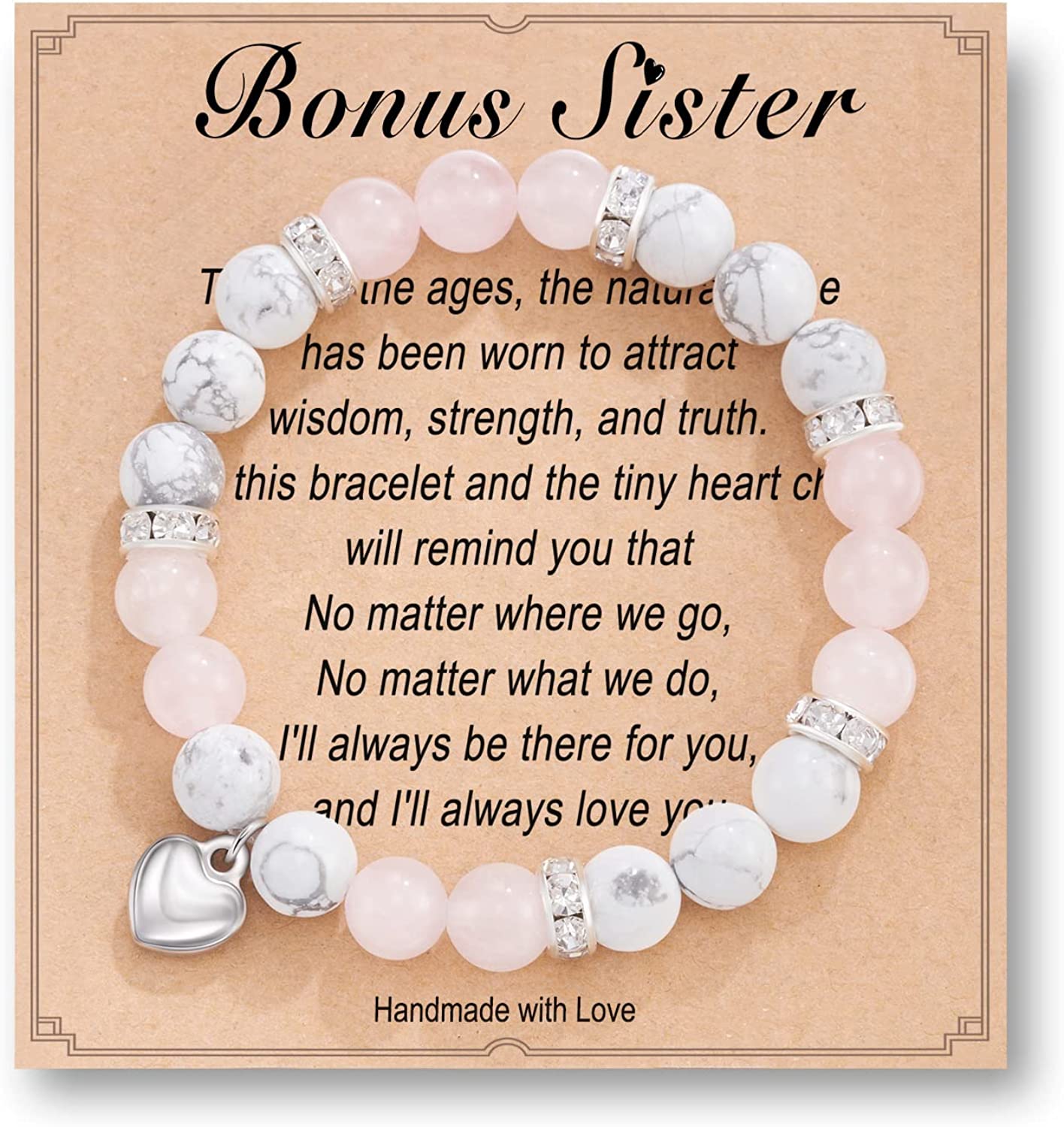 HGDEER Natural Stone Sister Bracelet, Sister Meaningful Gifts for Women Girls with Gift Message Card Apparel & Accessories > Jewelry > Bracelets HGDEER Bonus Sister - Pink&White  