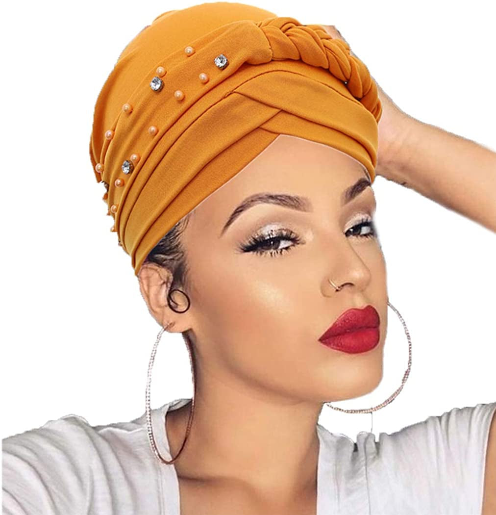 Woeoe Crystal African Head Wrap Yellow Elastic Turban Head Cover for Women and Girls Apparel & Accessories > Clothing Accessories > Headwear Woeoe   