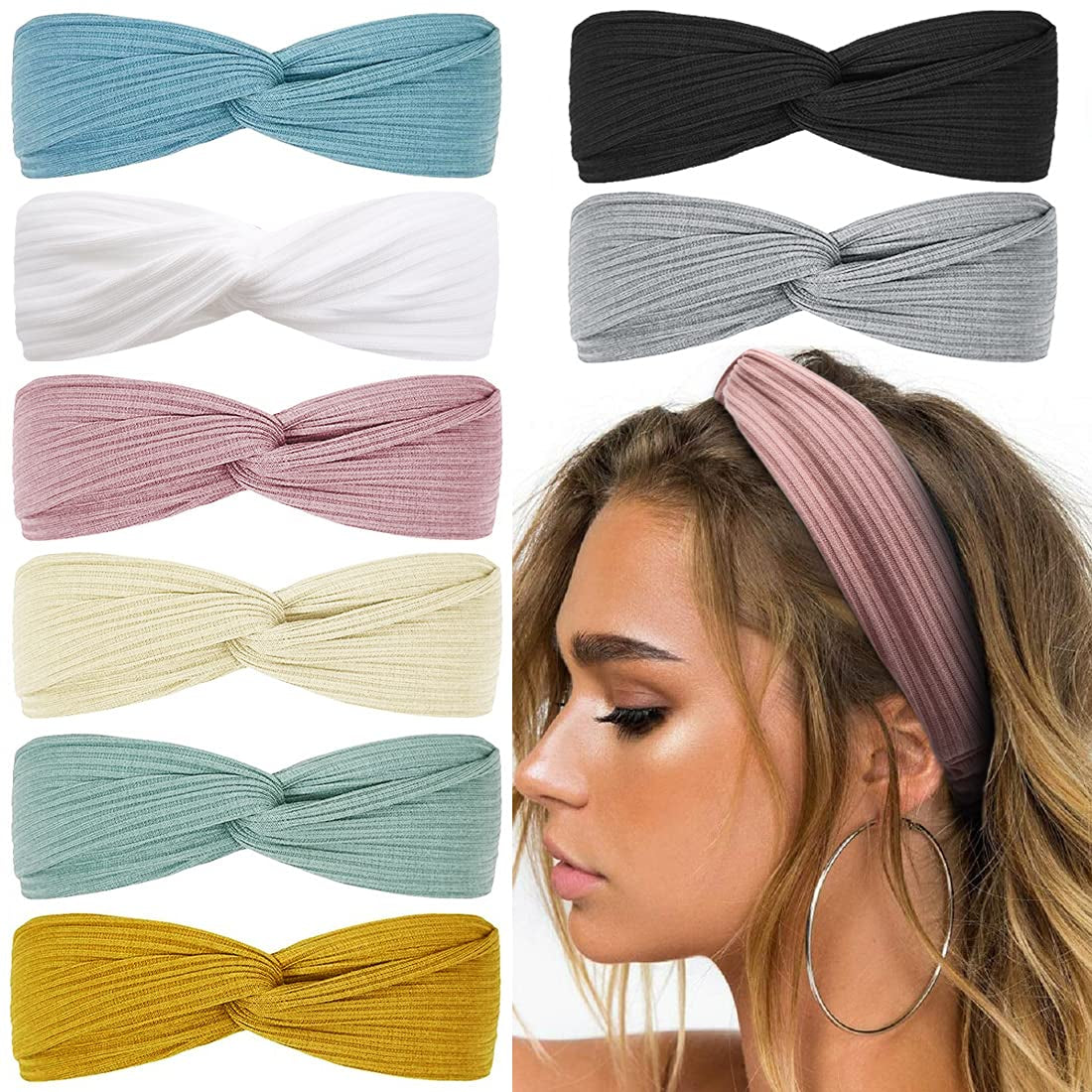 Huachi Headbands for Women Twist Knotted Boho Stretchy Hair Bands for Girls Criss Cross Turban Plain Headwrap Yoga Workout Vintage Hair Accessories, Solid Color, 8Pcs Apparel & Accessories > Clothing Accessories > Bandanas & Headties Huachi Lucky Charms  