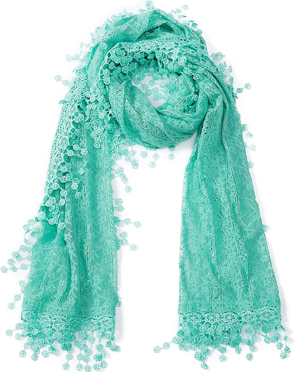 Women'S Lightweight Feminine Lace Teardrop Fringe Lace Scarf Vintage Scarf Mesh Crochet Tassel Cotton Scarf for Women Apparel & Accessories > Clothing Accessories > Scarves & Shawls Tan's Turquoise With Fringes  