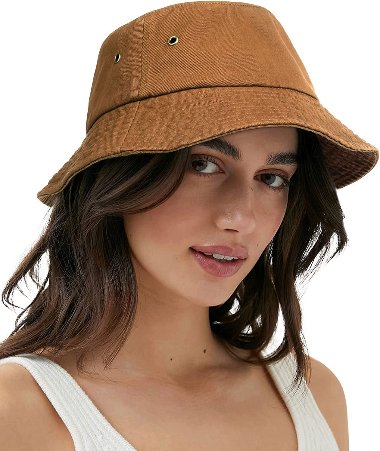 Bucket Hat for Women Men Canvas Washed Cotton Trendy Distressed Womens Summer Beach Sun Hats with Detachable Strings Apparel & Accessories > Clothing Accessories > Hats KYLIE MAX Dark Orange Medium 