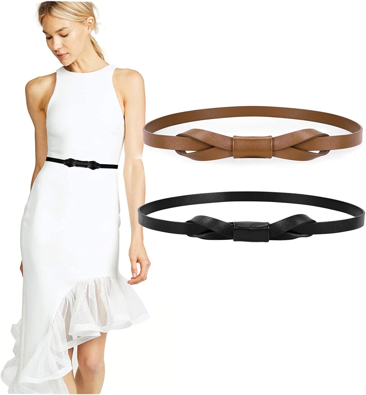 JASGOOD Women PU Leather Skinny Belt for Dress Adjustable Thin Waist Belt for Lady Apparel & Accessories > Clothing Accessories > Belts KYLIE MAX H-black+brown Suit for waist size 26"-31" 