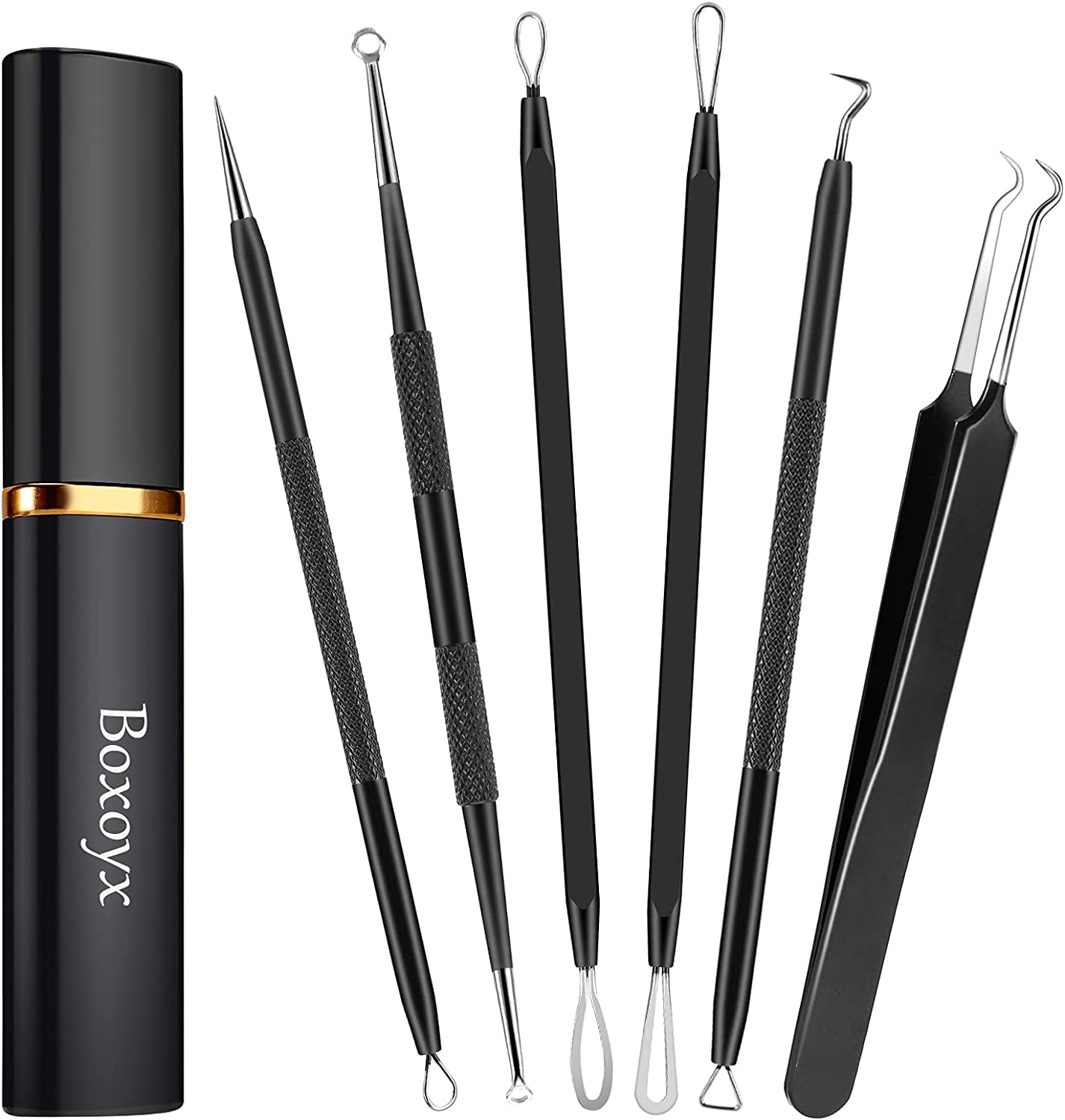 Boxoyx Pimple Popper Tool Kit - 6Pcs Blackhead Remover Comedone Extractor Tool Kit with Metal Case for Quick and Easy Removal of Pimples, Blackheads, Zit Removing, Forehead, Facial and Nose(Silver) Health & Beauty > Personal Care > Cosmetics > Cosmetic Tools > Skin Care Tools Boxoyx Black-6 Piece Set  