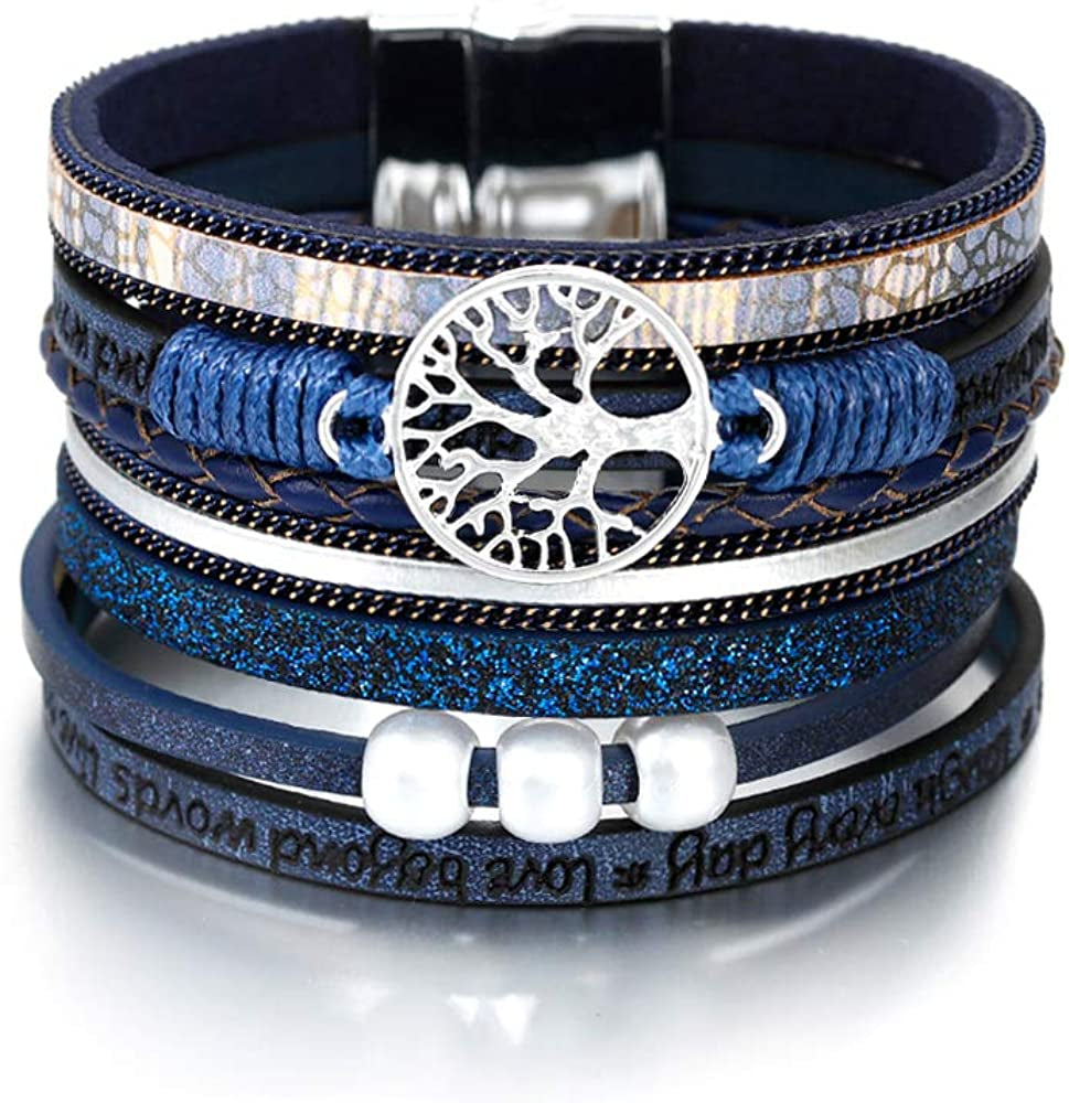 Fesciory Leather Wrap Bracelet for Women, Leopard Multi-Layer Magnetic Buckle Cuff Bracelet Jewelry Apparel & Accessories > Jewelry > Bracelets Fesciory B26-Tree of Life(Blue)  