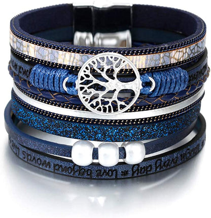 Fesciory Leather Wrap Bracelet for Women, Leopard Multi-Layer Magnetic Buckle Cuff Bracelet Jewelry Apparel & Accessories > Jewelry > Bracelets Fesciory B26-Tree of Life(Blue)  