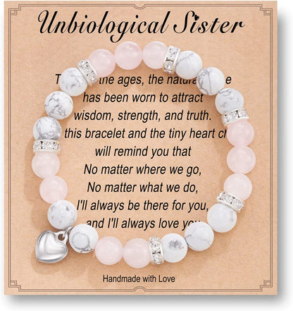 HGDEER Natural Stone Sister Bracelet, Sister Meaningful Gifts for Women Girls with Gift Message Card Apparel & Accessories > Jewelry > Bracelets HGDEER Unbiological Sister - Pink&White  