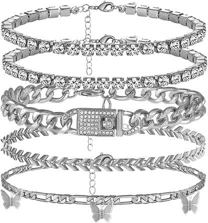 Ronglry 5Pcs Gold Ankle Bracelets for Women Girls Cuban Link Ankle Bracelet Cuban Chain Anklet Butterfly Anklet Set Rhinestone Tennis Anklet Adjustable Layered Link Anklets Summer Beach Gifts Apparel & Accessories > Jewelry > Anklets Ronglry silver  