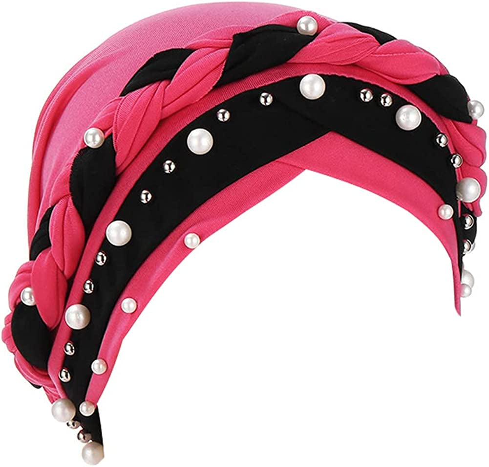 Fxhixiy Women Hijab Beading Pearl Braid Turban Hat Head Scarf Cancer Chemo Beanies Bandana Headwrap Cap Apparel & Accessories > Clothing Accessories > Headwear Fxhixiy Rose Red Black  