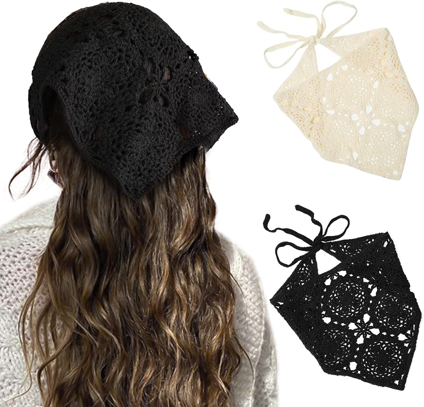 Floral Crochet Hair Bandanas Headscarf- HAIMEIKANG 2 PCS Women Hair Scarf Daisy Headband Vintage Head Kerchief for Girls Apparel & Accessories > Clothing Accessories > Bandanas & Headties HAIMEIKANG Smile Face Print Black+Beige  