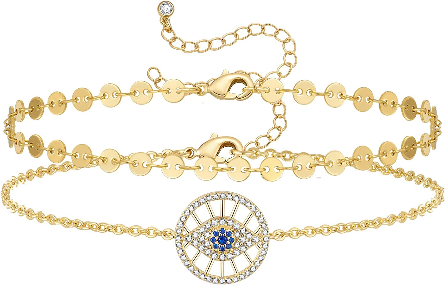 Kissyan Gold Layered Ankle Bracelets for Women, Dainty 14K Gold Plated Layering Anklets Set Adjustable Fashion Cuban Link Snake Tennis Chain Ankles Summer Beach Foot Jewelry Gifts for Women Girls Apparel & Accessories > Jewelry > Anklets KissYan U-Round Evil Eye  