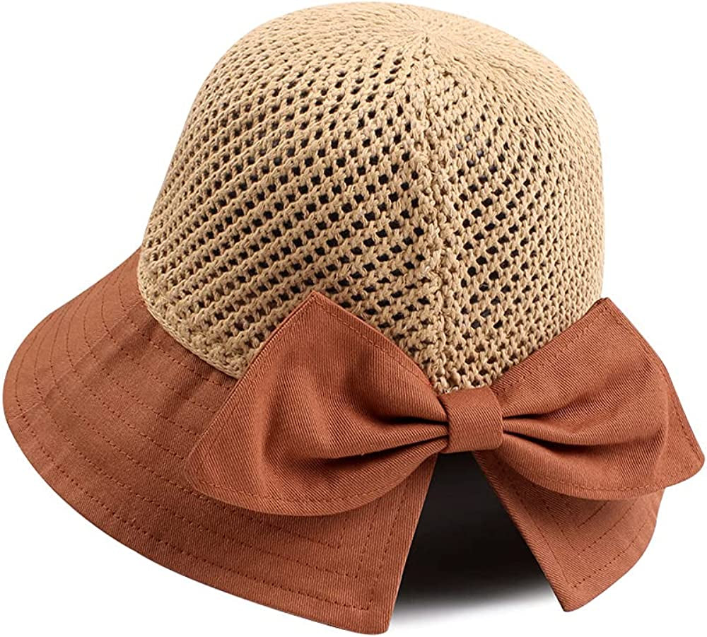 Women Wide Brim Hat Hollow Breathable Summer Bucket Hat Bow Lady’S Sun Cap for Travel Apparel & Accessories > Clothing Accessories > Hats Zsedrut Orange Red  